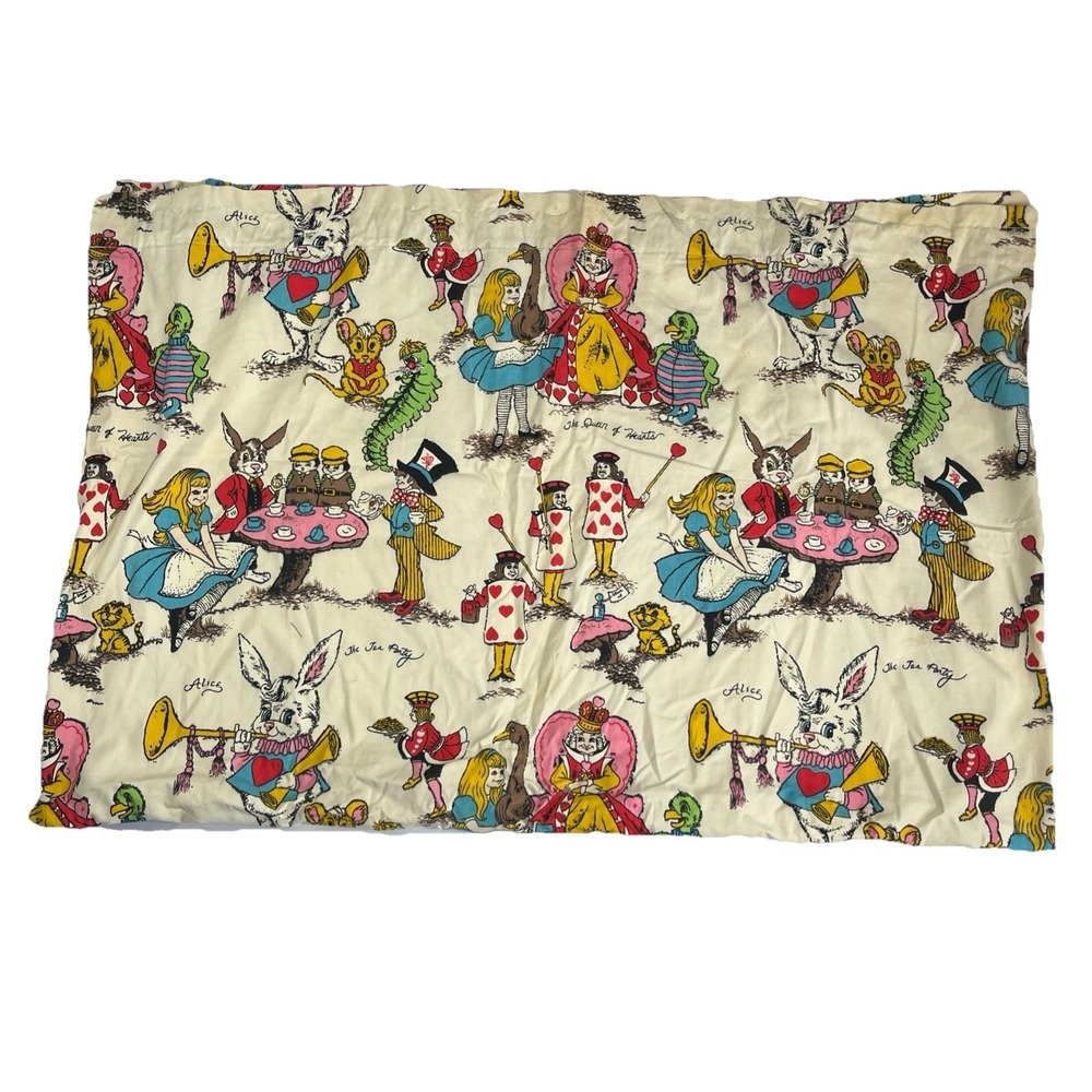 Vintage 1970s Alice in Wonderland Psychedelic Mad Hatter Tea Party Cotton Fabric